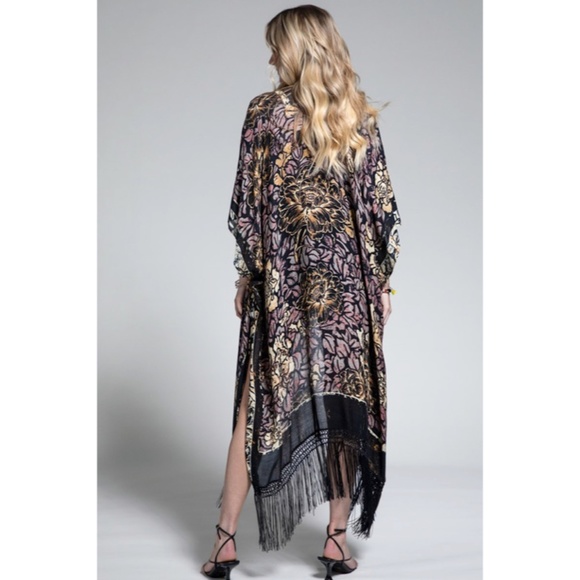 SOLD OUT Delphi Floral Motif Tassel Kimono Duster Full Long Maxi Length Coverup - Picture 4 of 4